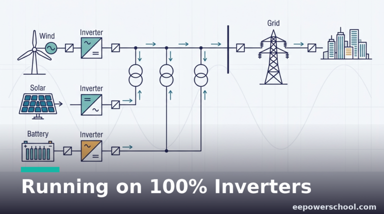 A grid running on 100% inverter-based resources: wind, solar and battery inverters supplying a city with no power plant