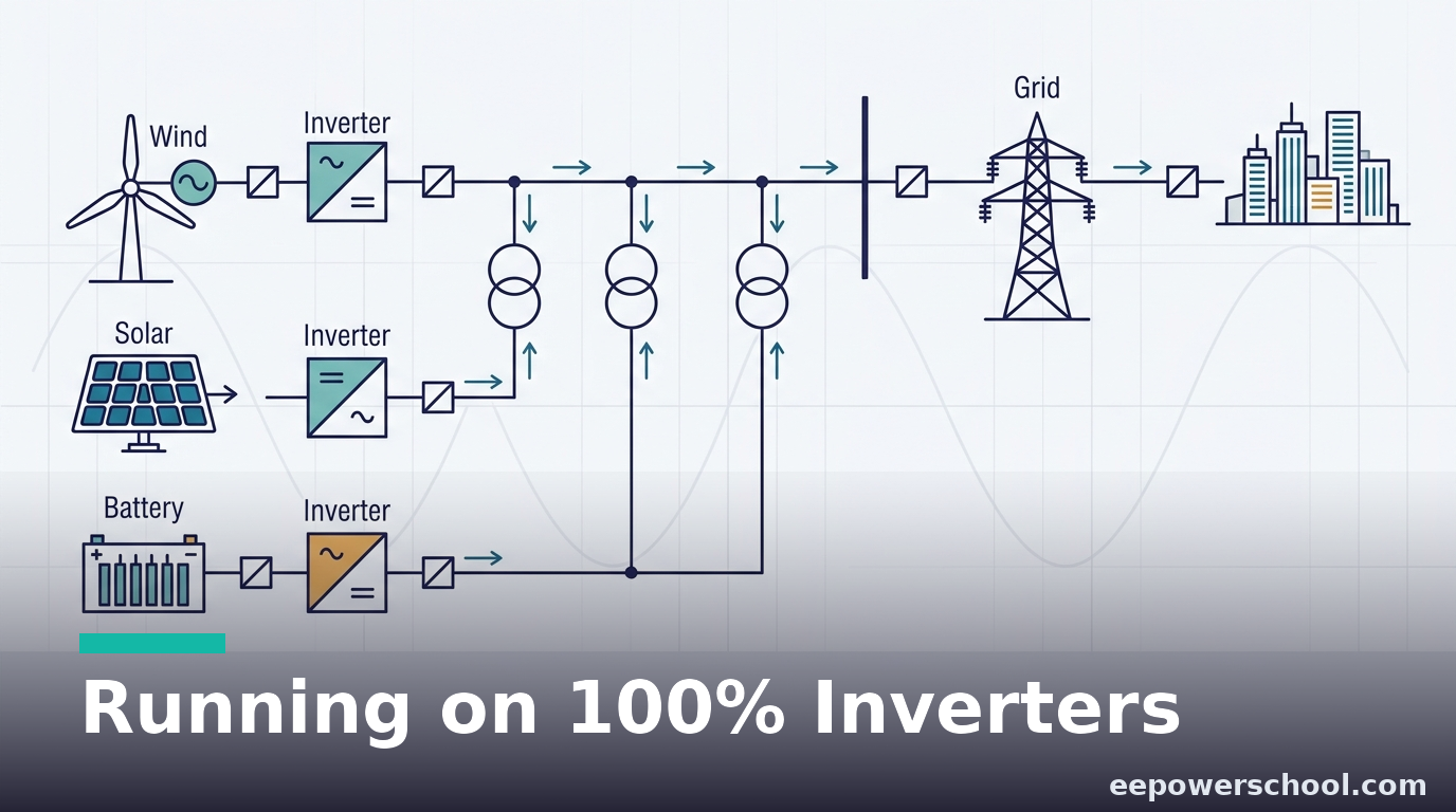 A grid running on 100% inverter-based resources: wind, solar and battery inverters supplying a city with no power plant