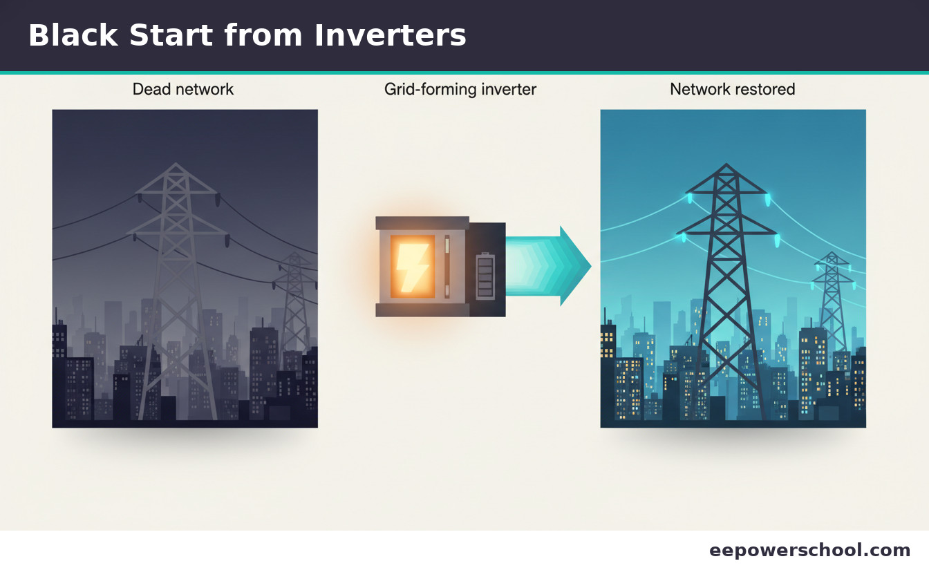 A grid-forming battery inverter performing a black start, energising a dead network back to life