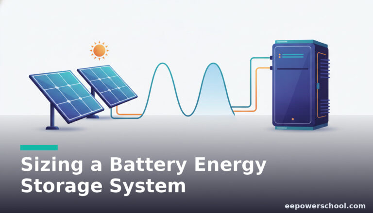 BESS sizing concept: a battery storage container with solar panels and a shaved demand profile