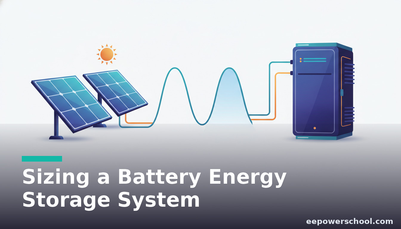 BESS sizing concept: a battery storage container with solar panels and a shaved demand profile