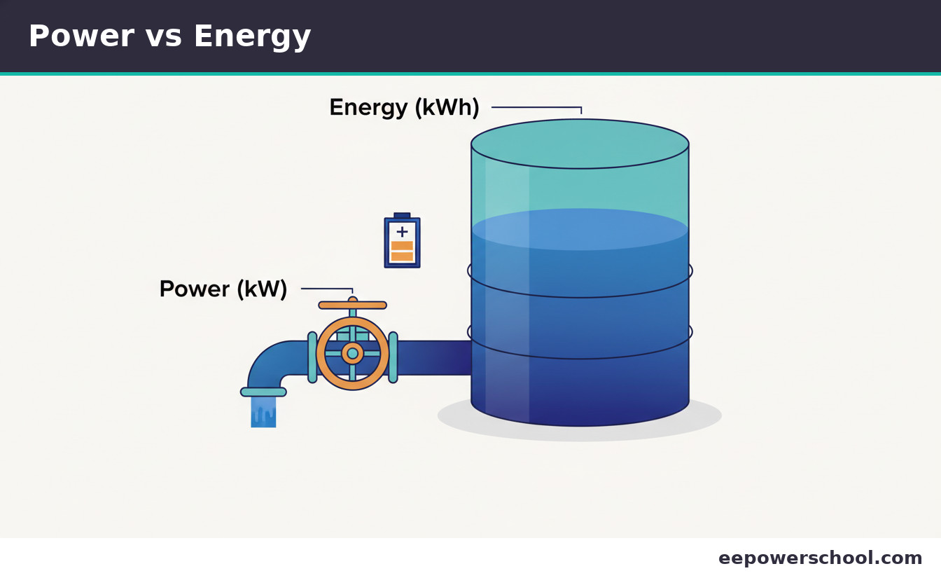 Tank and tap analogy for a battery: power is the tap size, energy is the tank size