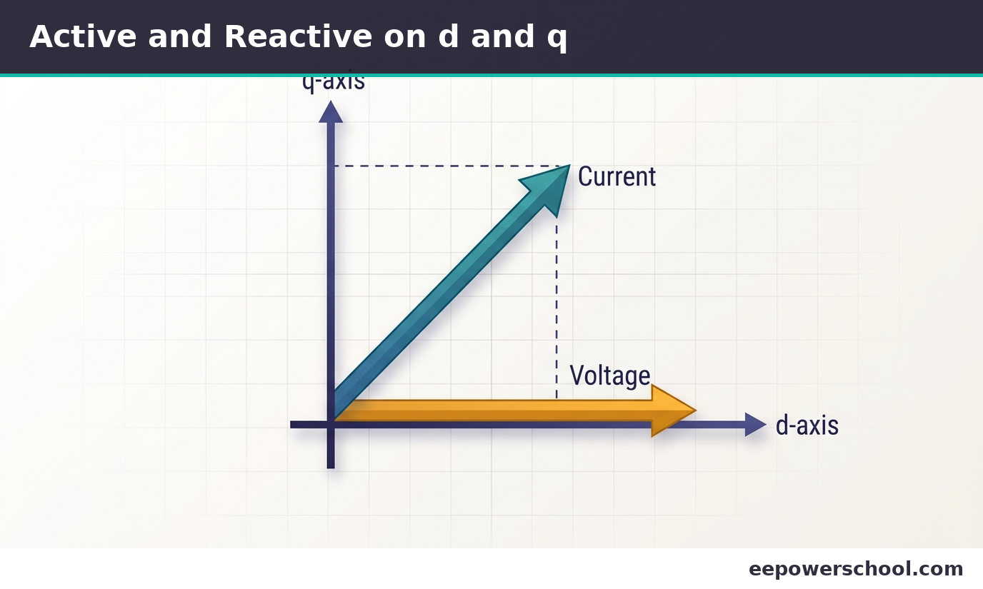 Vector diagram with the d-axis aligned to the voltage and the current vector split into d and q components