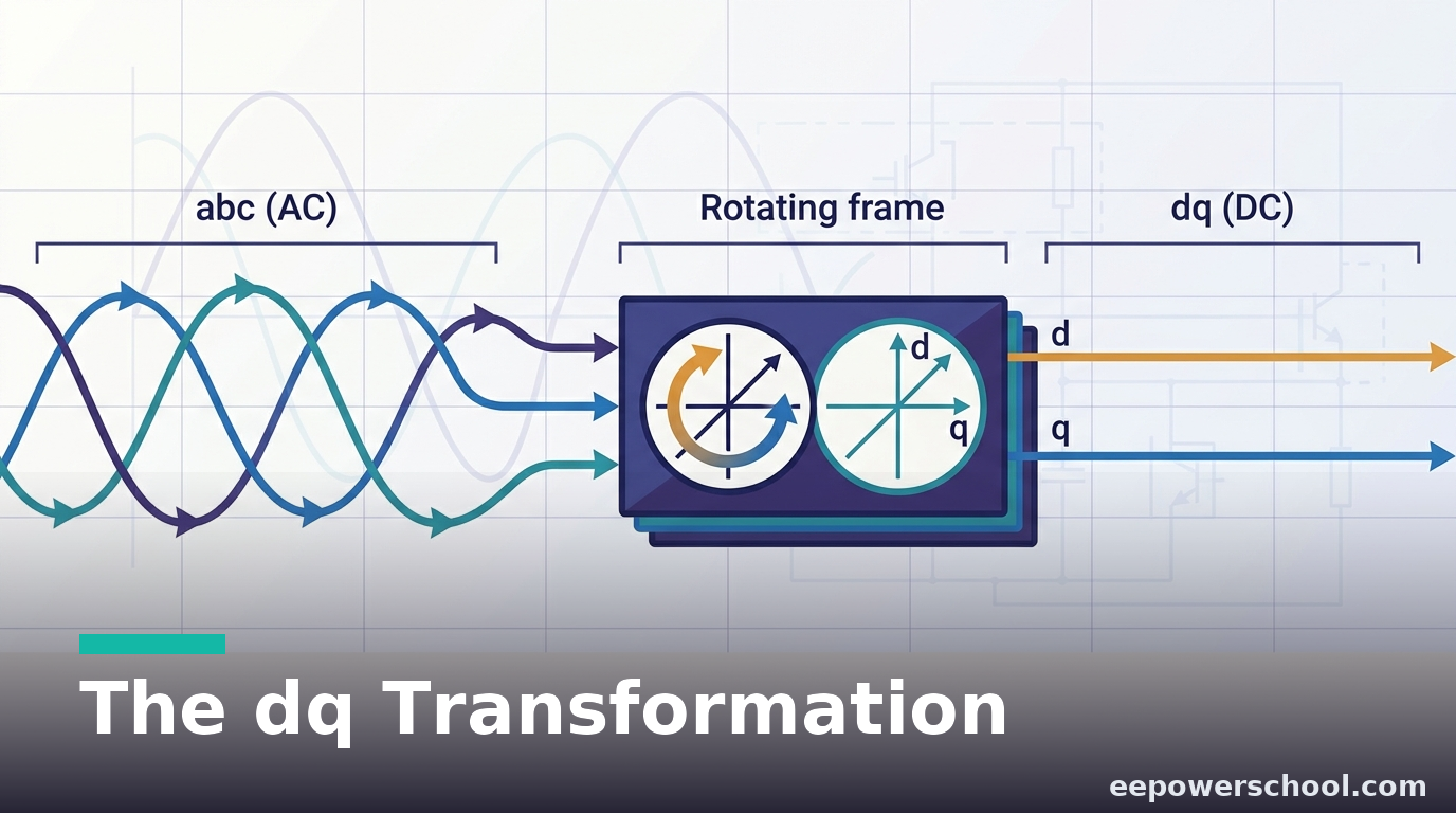 The dq transformation turning three-phase AC waveforms into two DC quantities in a rotating frame