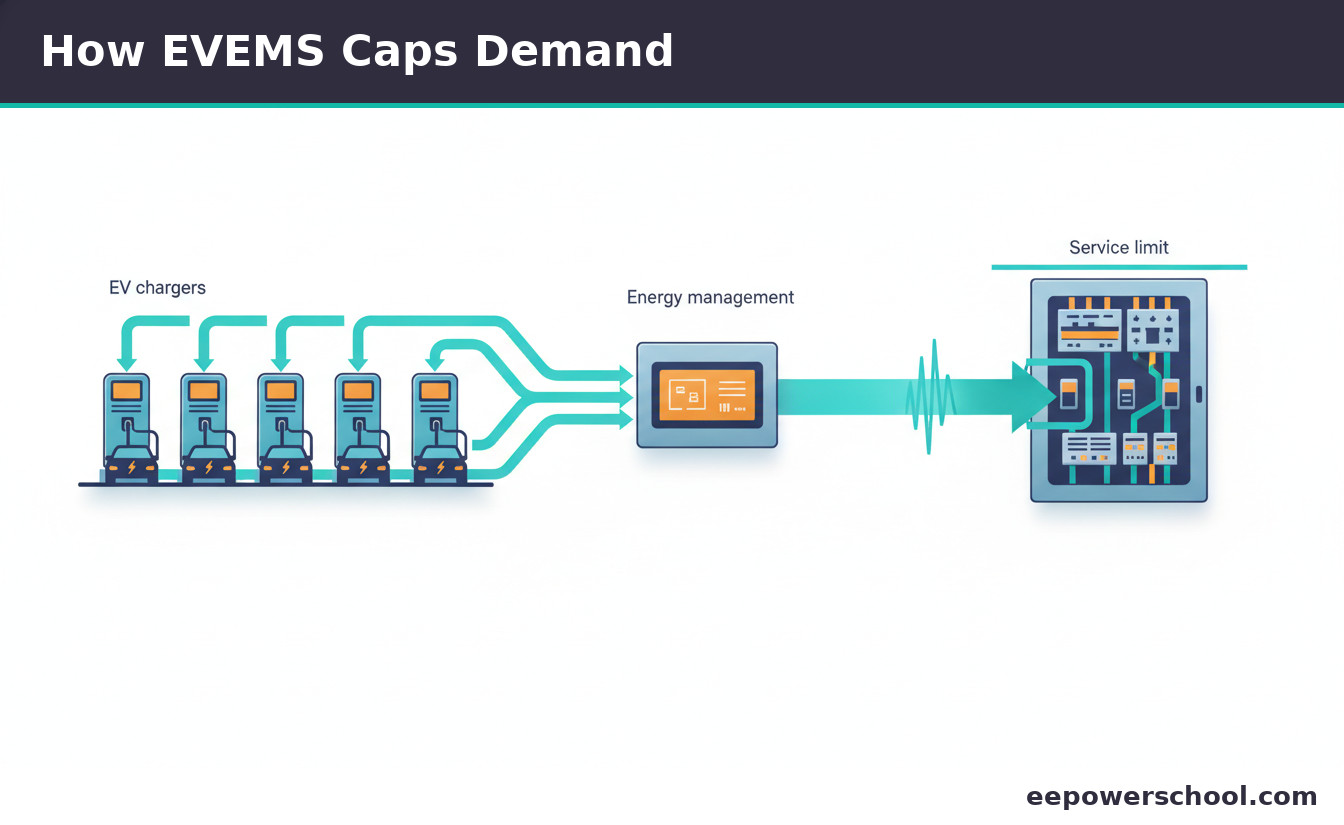 An EV energy management system sharing a limited power budget across several chargers under a service limit