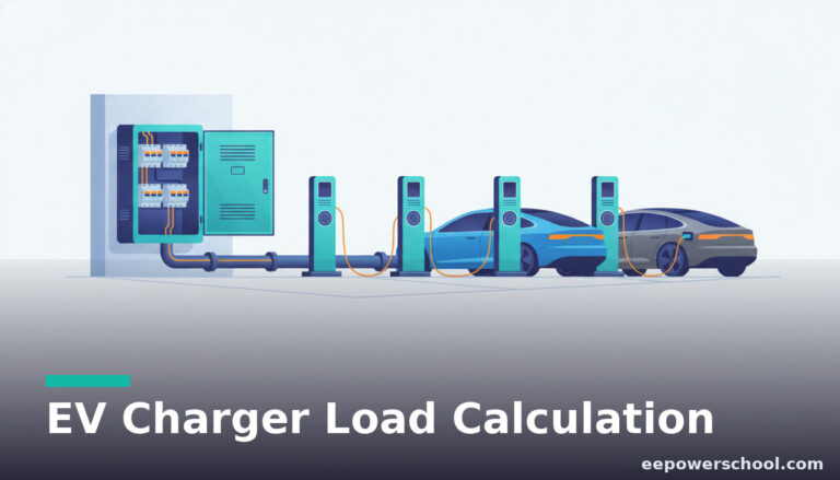 EV charger load calculation concept: rows of EV chargers in a commercial car park fed from an electrical panel