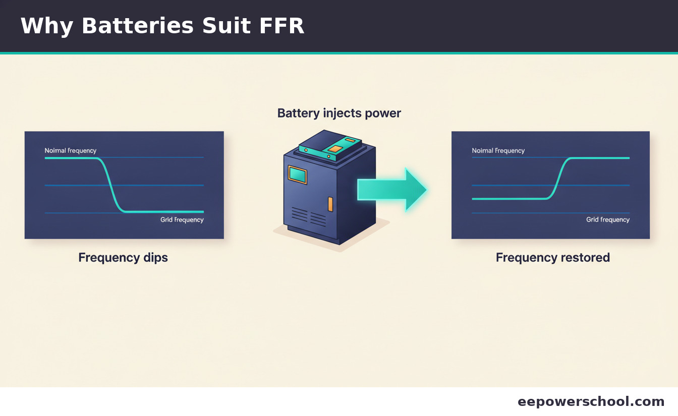 A battery energy storage system injecting a fast burst of power to support falling grid frequency