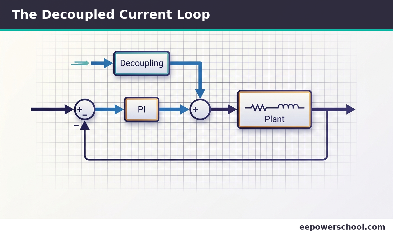 Block diagram of the inner dq current loop with PI control and decoupling feedforward into the plant