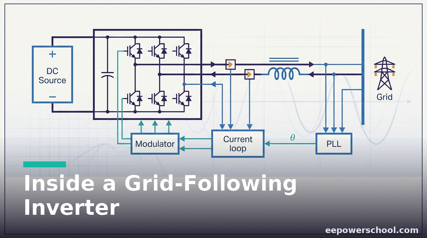 Grid-following inverter control shown as a block diagram with a PLL, current loop and grid connection