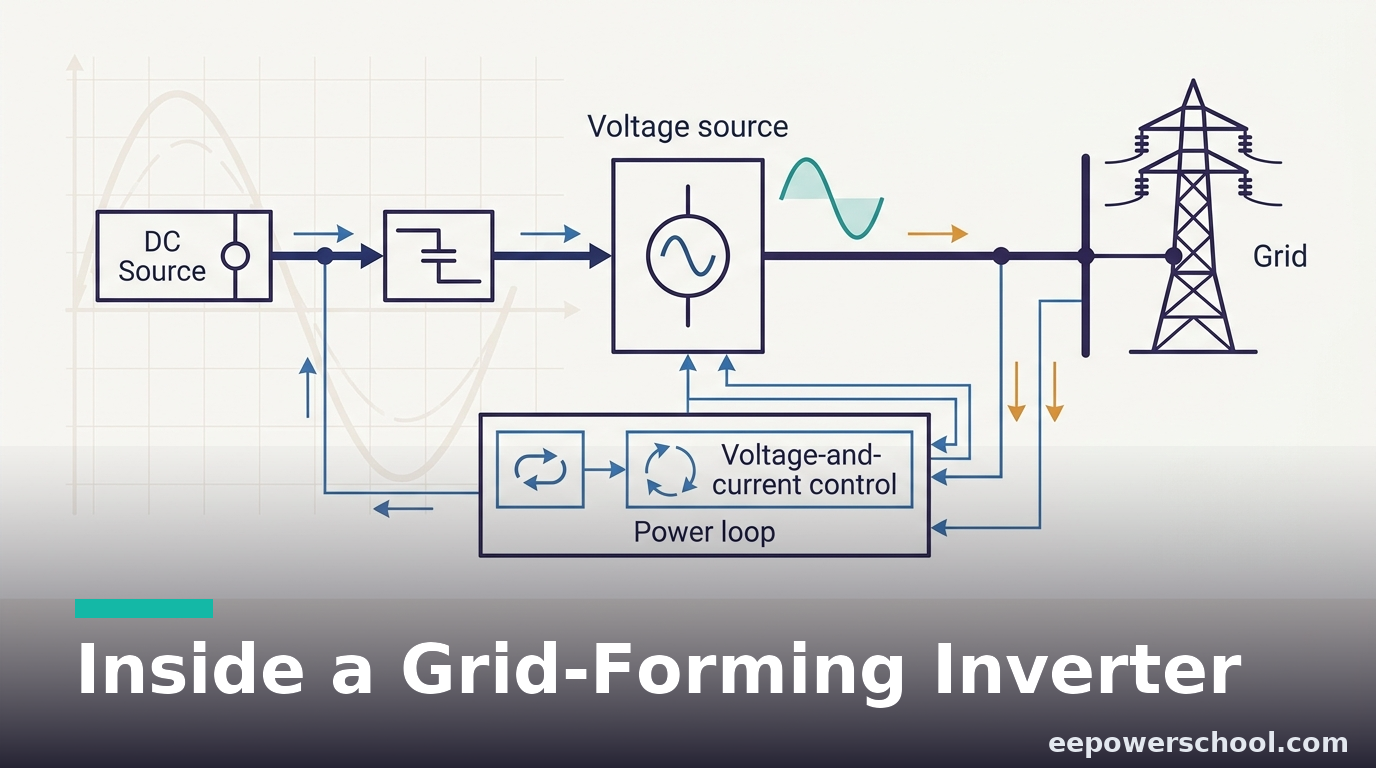 Grid-forming control shown as a voltage source inverter with an outer power loop forming the grid voltage