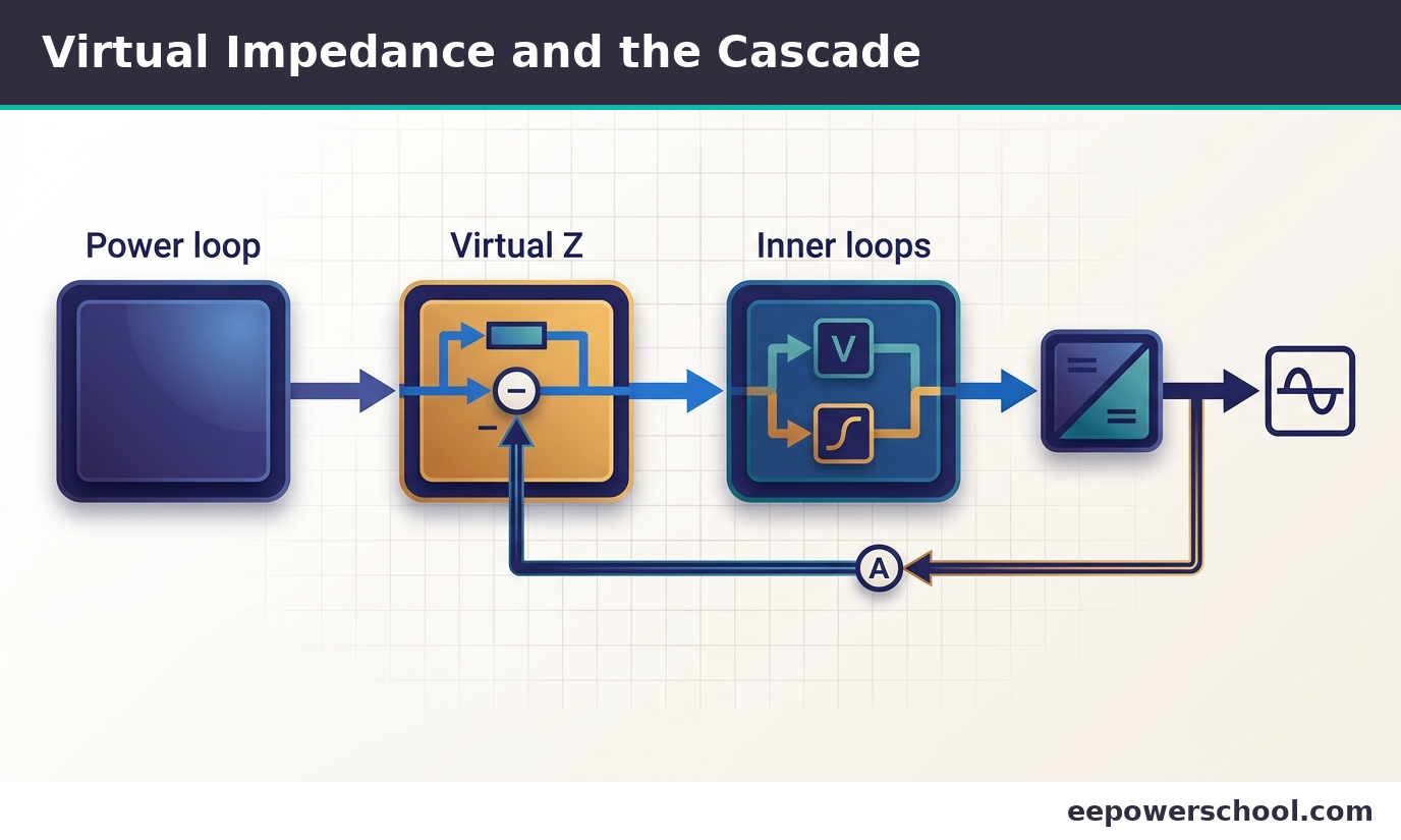 Block diagram of the grid-forming outer power loop through a virtual impedance into the inner voltage and current loops