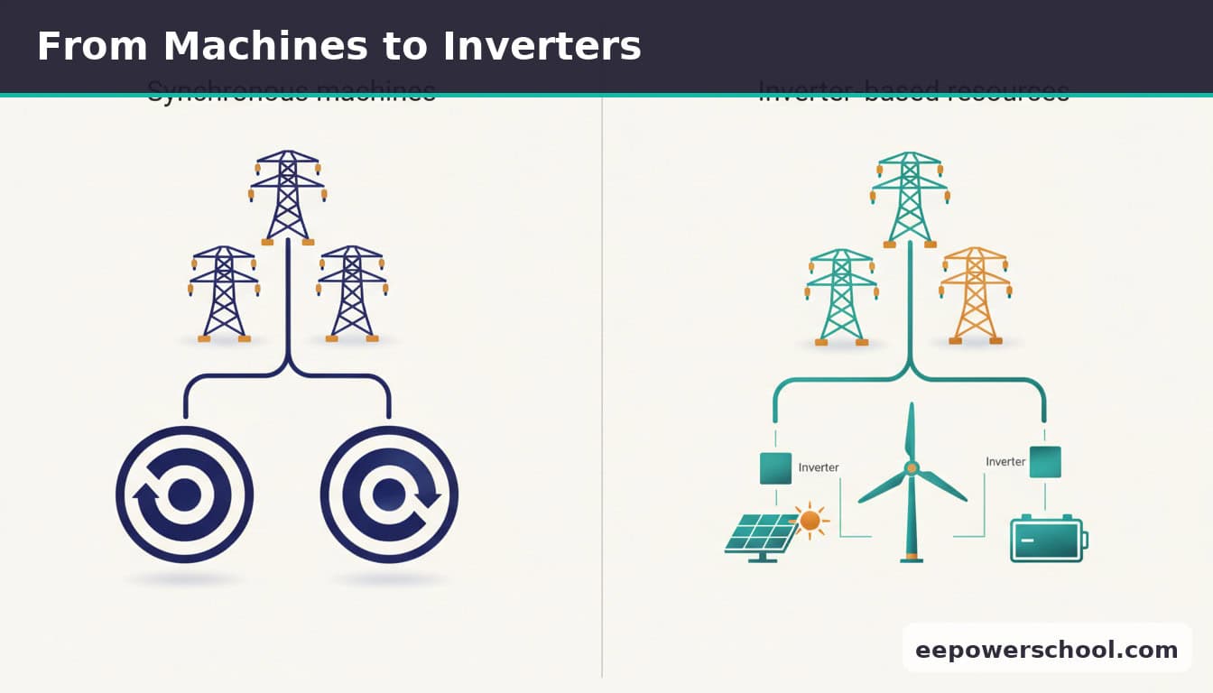 Comparison of a synchronous-machine-dominated grid versus an inverter-based-resource-dominated grid