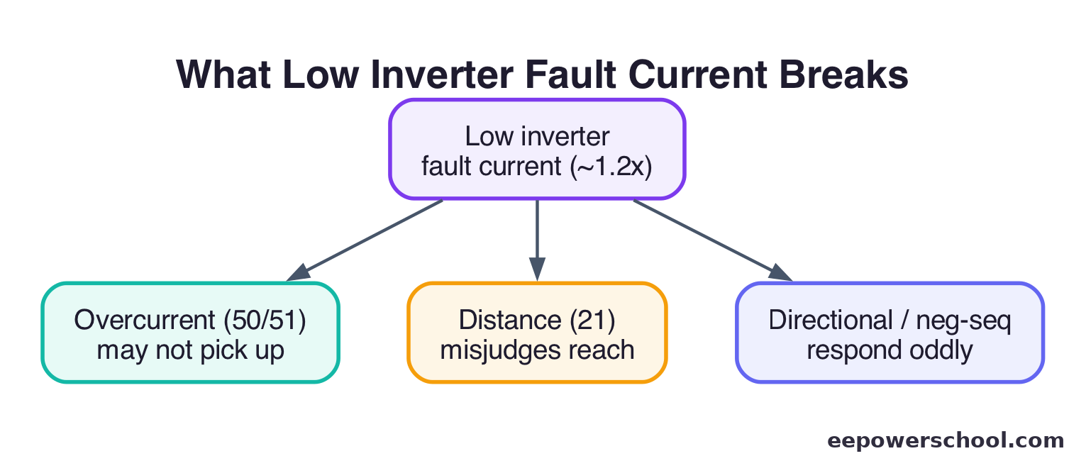 Diagram of how low inverter fault current breaks overcurrent, distance, and directional protection elements