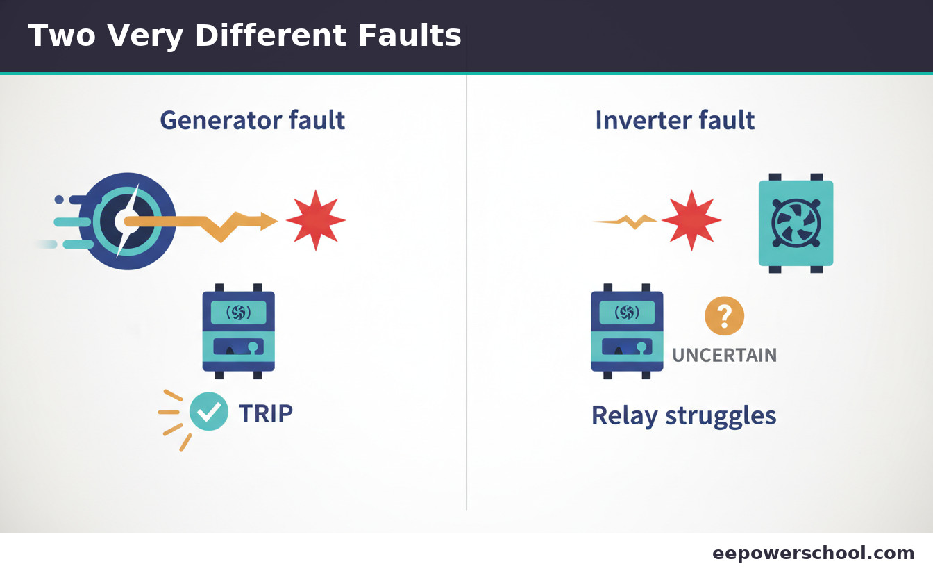Side-by-side of a generator feeding a large fault current versus an inverter feeding a small one to a relay