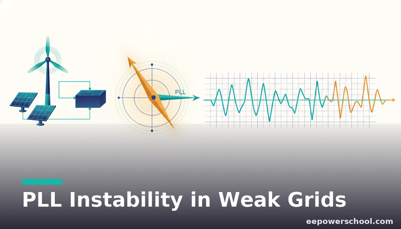 PLL instability concept: a grid-following inverter's phase-locked loop chasing an unstable, wobbling grid voltage