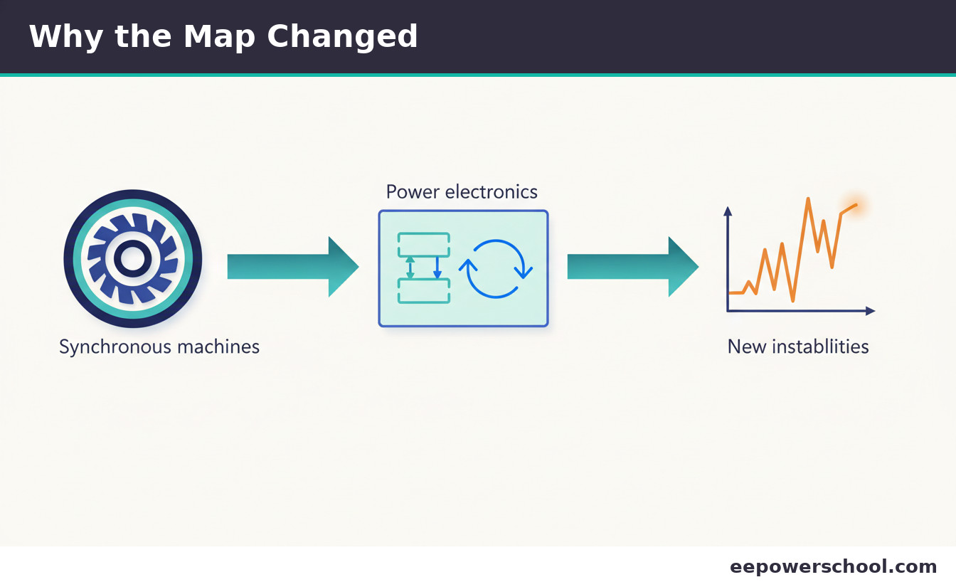 Illustration of the grid shifting from synchronous machines to power electronics, introducing new instabilities