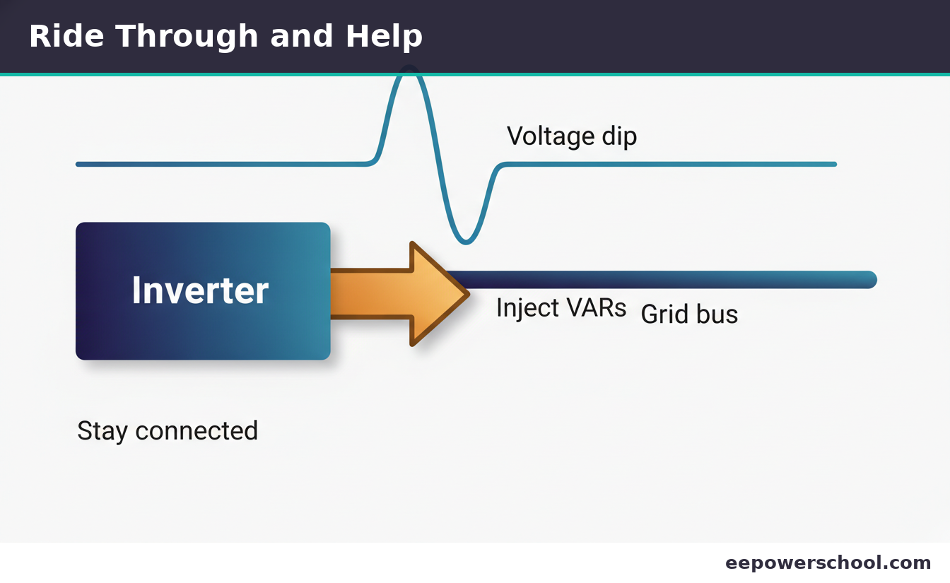 Illustration of an inverter riding through a voltage dip and injecting reactive current instead of tripping