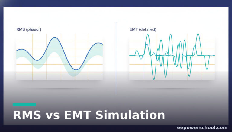 RMS vs EMT simulation concept: a smooth phasor representation beside a detailed instantaneous waveform on engineering screens