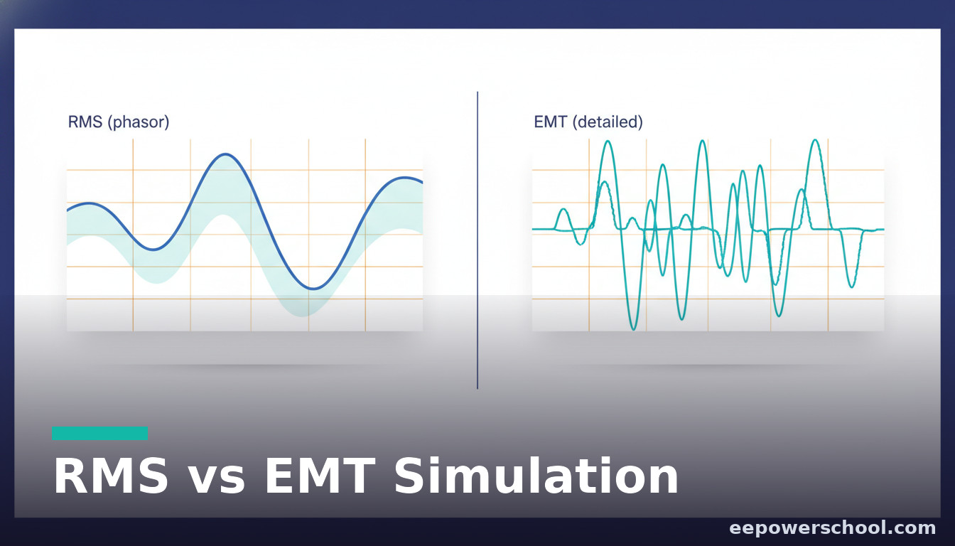 RMS vs EMT simulation concept: a smooth phasor representation beside a detailed instantaneous waveform on engineering screens