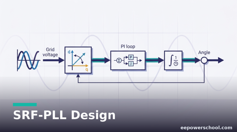 SRF-PLL design shown as a block diagram estimating the grid angle from the grid voltage through a PI loop filter