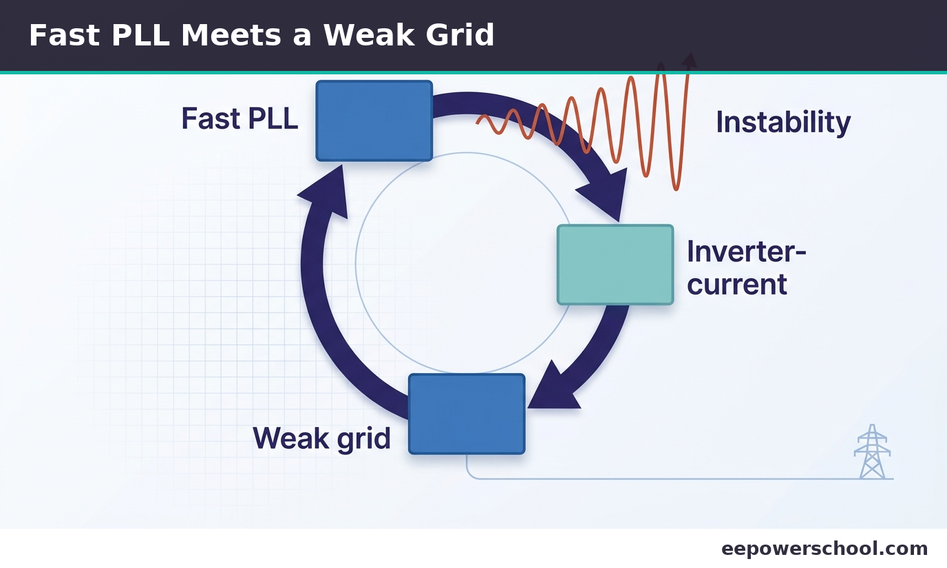 Illustration of the feedback path where a fast PLL on a weak grid injects negative damping and causes instability