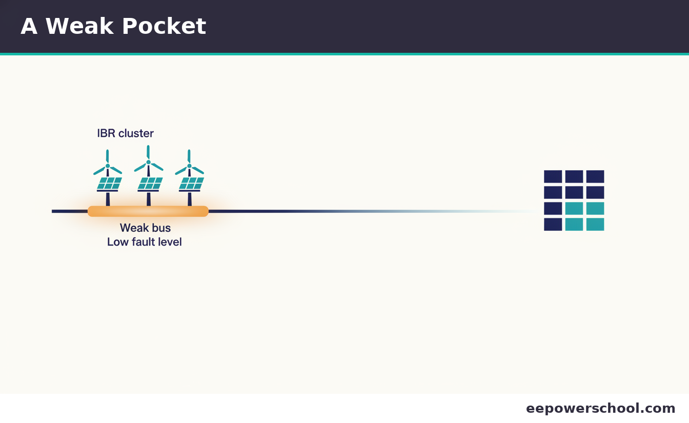 Illustration of several inverter plants connected to a single weak bus with a low fault level
