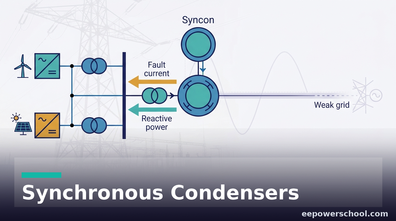 A synchronous condenser at a substation restoring system strength to a weak grid with nearby inverter plants