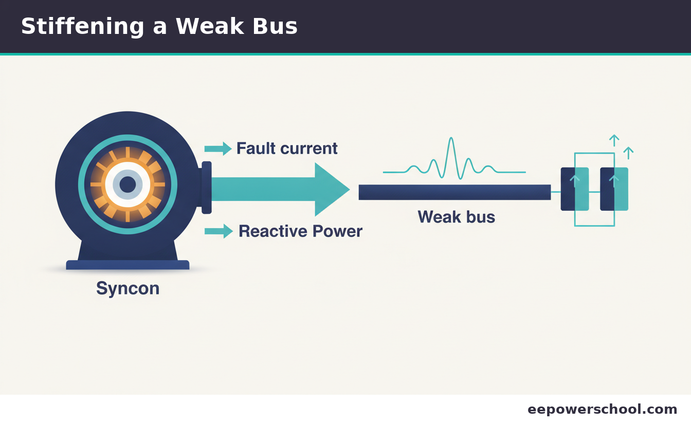 Illustration of a synchronous condenser feeding fault current and reactive power into a weak grid bus