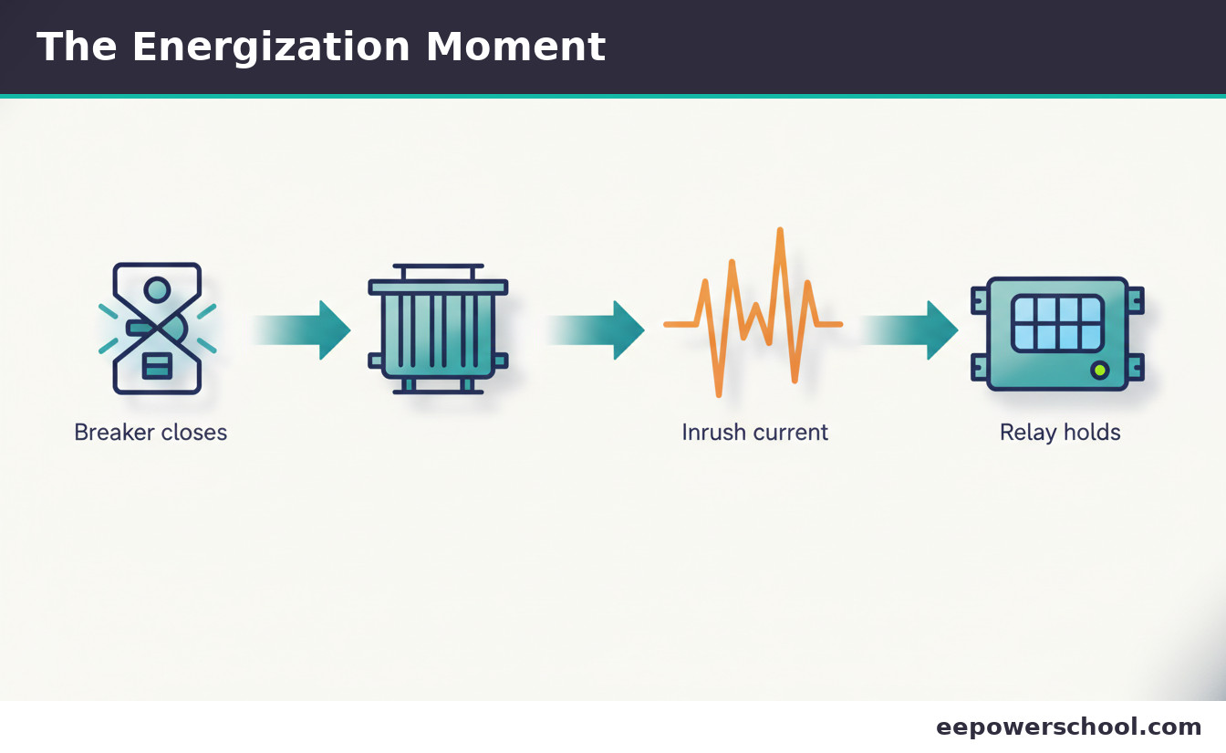 Sequence of a breaker closing onto a transformer, an inrush surge, and the relay correctly not tripping