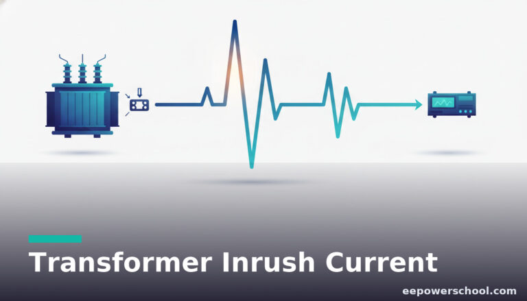 Transformer inrush current concept: a transformer energizing with a large decaying current spike beside a protection relay