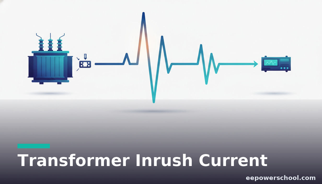 Transformer inrush current concept: a transformer energizing with a large decaying current spike beside a protection relay