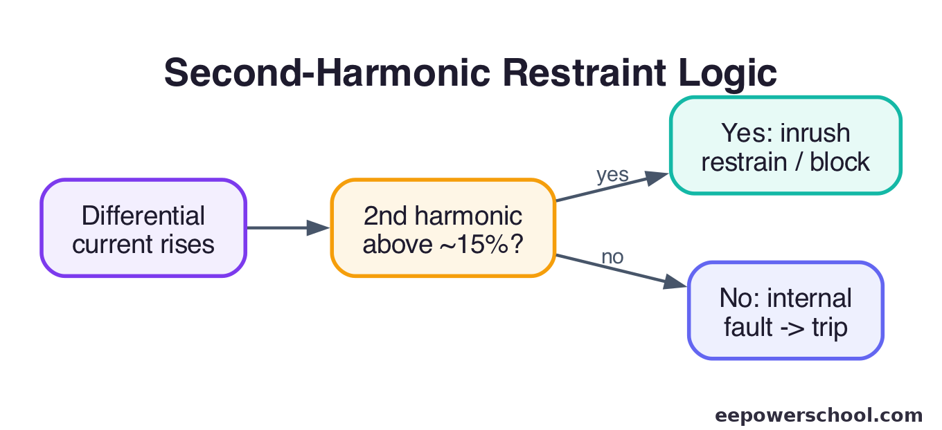Decision logic diagram for second-harmonic restraint distinguishing transformer inrush from an internal fault
