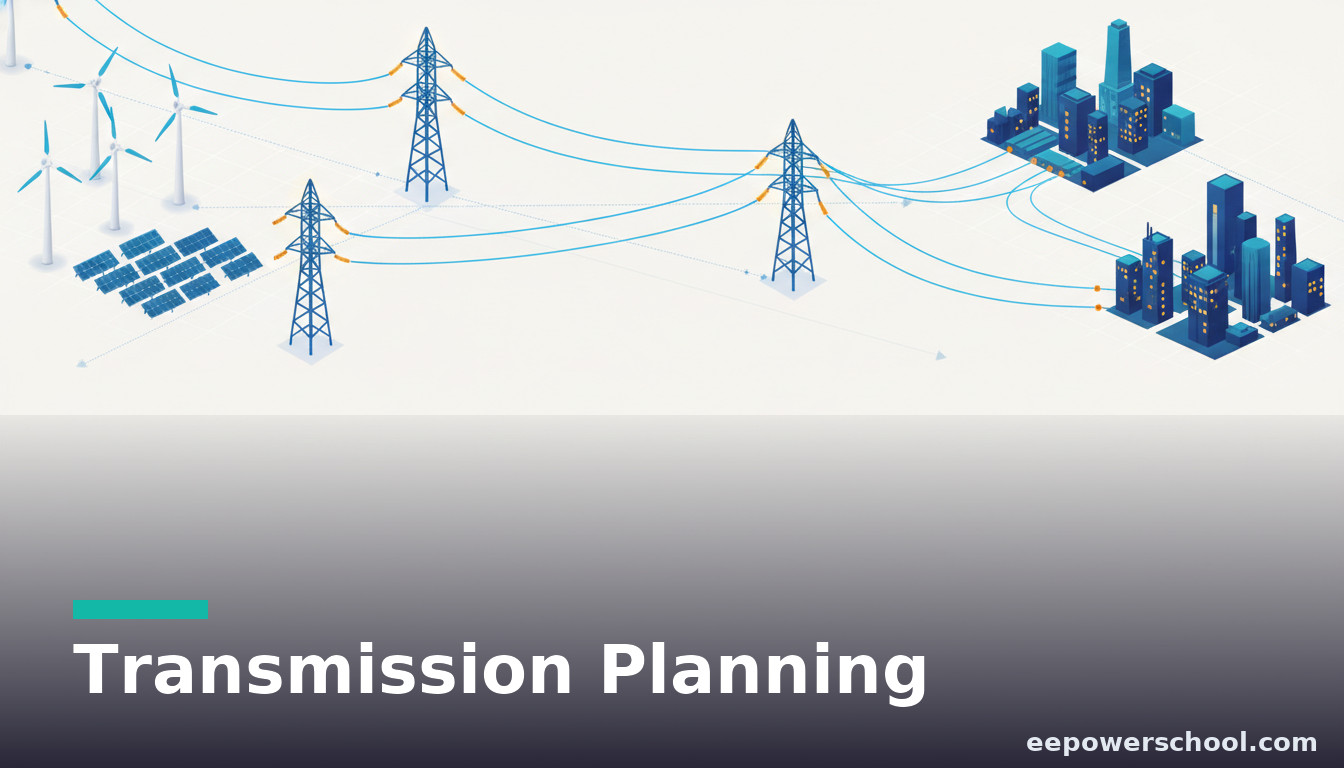 Transmission planning concept: a high-voltage network map linking renewable generation to cities with a planning overlay