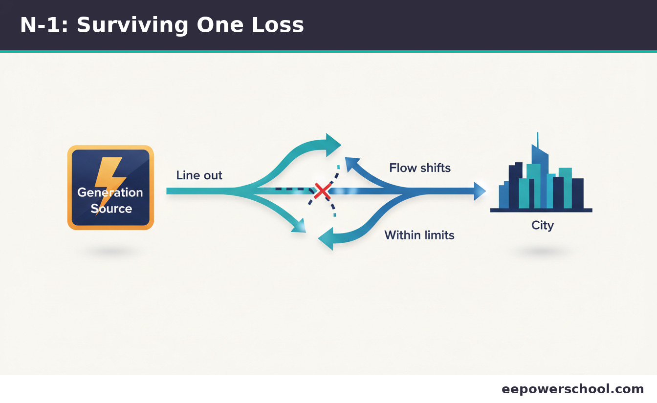 Illustration of an N-1 contingency where one transmission line is lost and power reroutes within limits